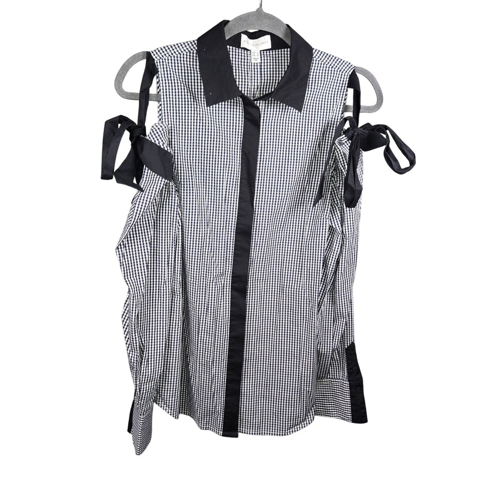Rebecca Vallance Gingham Cold Shoulder Tie Shirt Navy White US 8